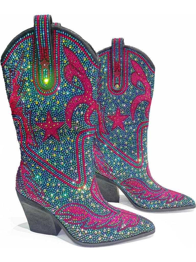 Women's Pink Multi Color Patterned Rhinestone Western Cowgirl Mid Calf Boots